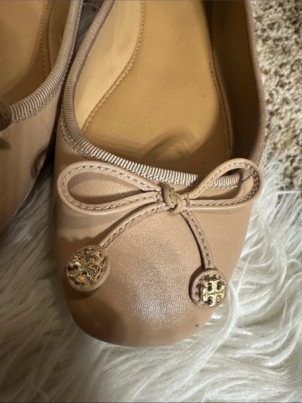 Tory Burch Nude/Taupe Leather Bow Ballet Flats with Logo Discs